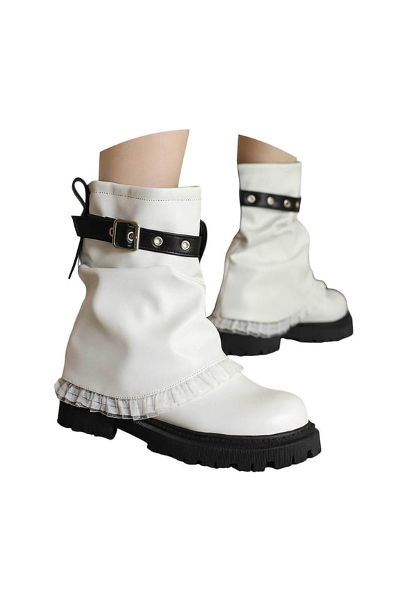 Mostsola Fold Over Boots for Women Round Toe Ankle Strap Motorcycle Boots Pull on Chunky Booties