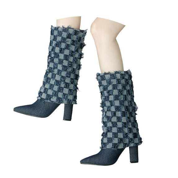 IUJSOY Fold Over Denim Boots for Women Pointy Toe High Block Heel Mid Calf Boots Trendy Tall Booties