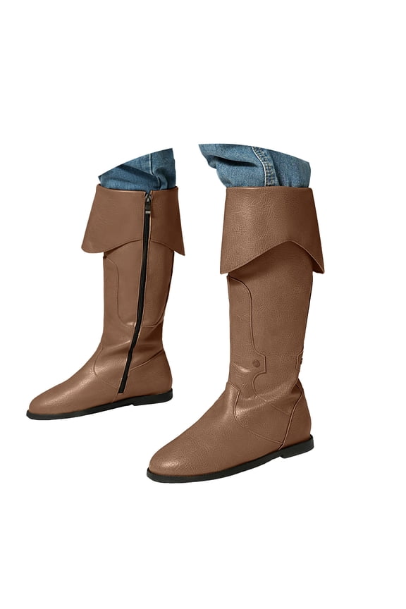 Fold Over Knee High Boots Women Retro Western Flat Boots Slouchy Zip up Round Toe Long Boots