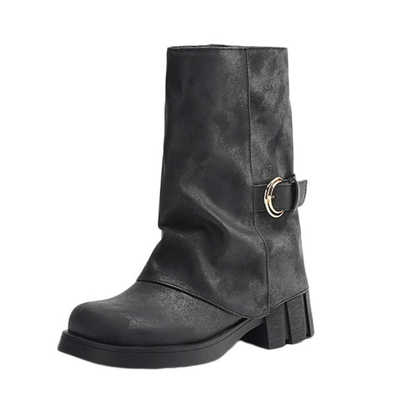 IUJSOY Fold Over Mid Calf Boots for Women Buckle Riding Boot Chunky Low Heel Motorcycle Boots