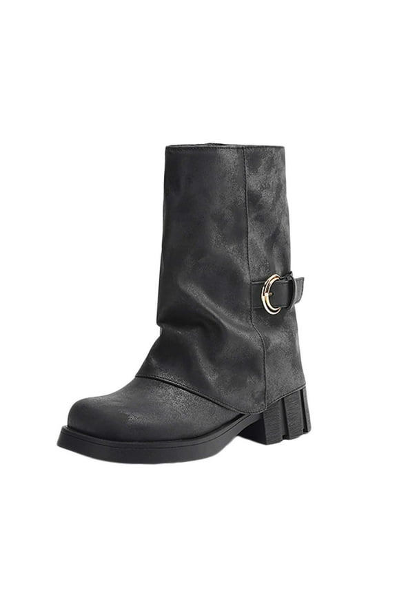 Fold Over Mid Calf Boots for Women Buckle Riding Boot Chunky Low Heel Motorcycle Boots