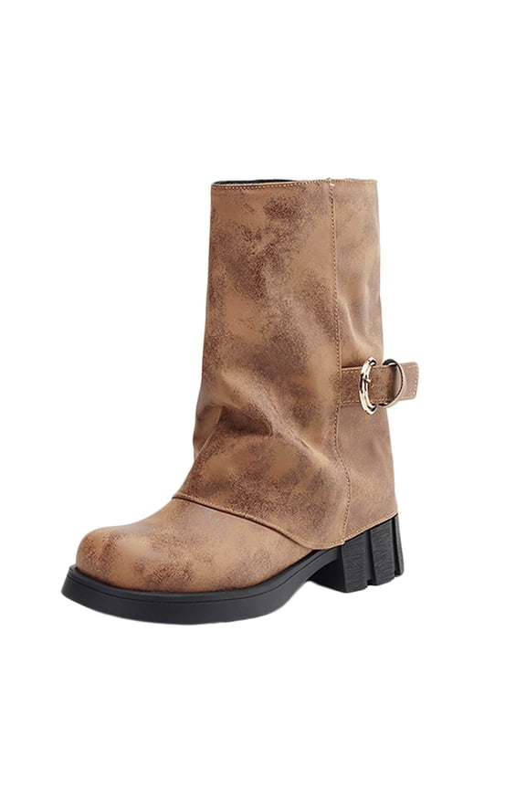 Fold Over Mid Calf Boots for Women Buckle Riding Boot Chunky Low Heel Motorcycle Boots