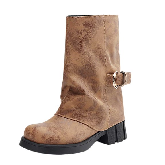 Mostsola Fold Over Mid Calf Boots for Women Buckle Riding Boot Chunky Low Heel Motorcycle Boots