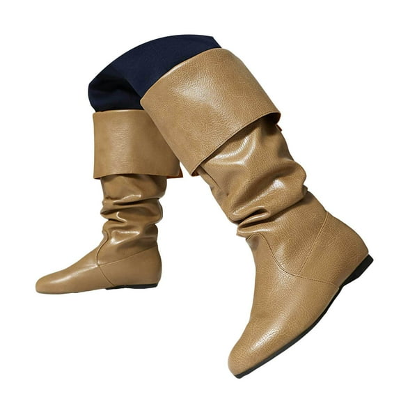 IUJSOY Fold Over Slouchy Boots for Women Pull on Round Toe Flat Mid Calf Boots Caual Long Boots