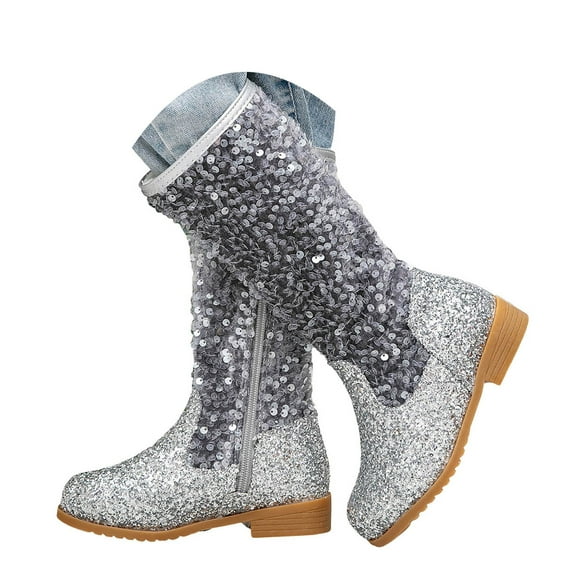 IUJSOY Girls Boots Side Zipper Sparkly Sequin Mid Calf Boots Dressy Little Big Kid Riding Shoes