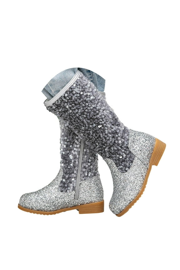 Girls Boots Side Zipper Sparkly Sequin Mid Calf Boots Dressy Little Big Kid Riding Shoes