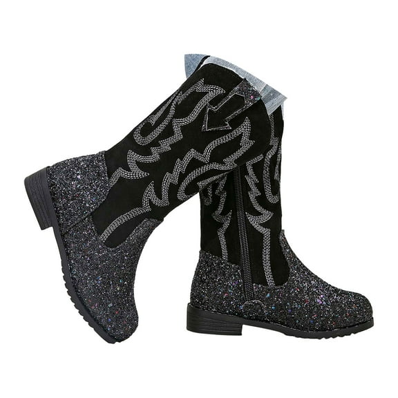 IUJSOY Girls Cowgirl Boots Mid Calf Glitter Toddler Cowboy Boot Little Big Kids Western Riding Shoes