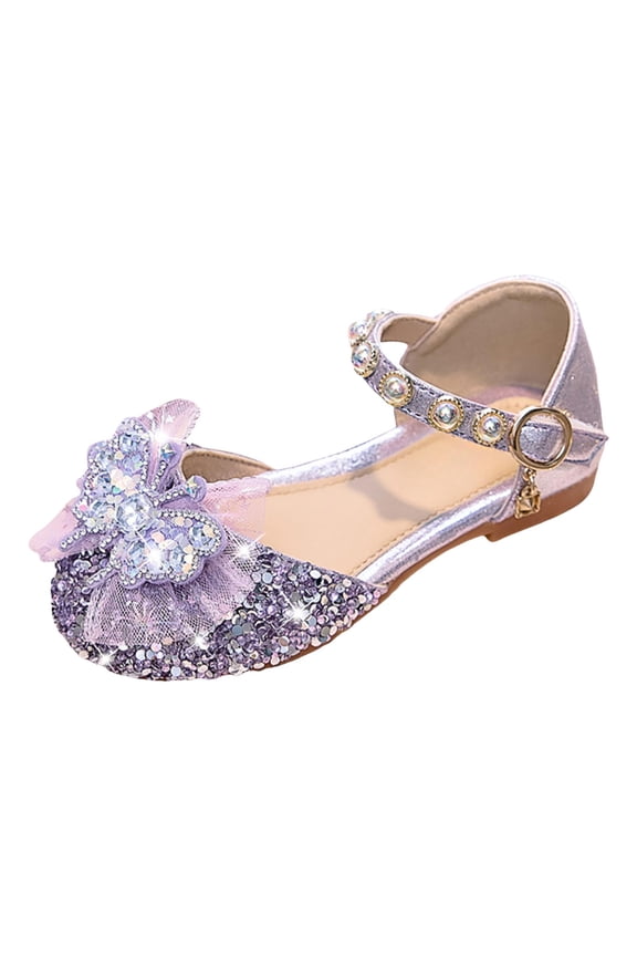 Girls Dress Shoes Pumps Glitter Sequins Princess Shoes Mary Jane Low Heels with Pearl