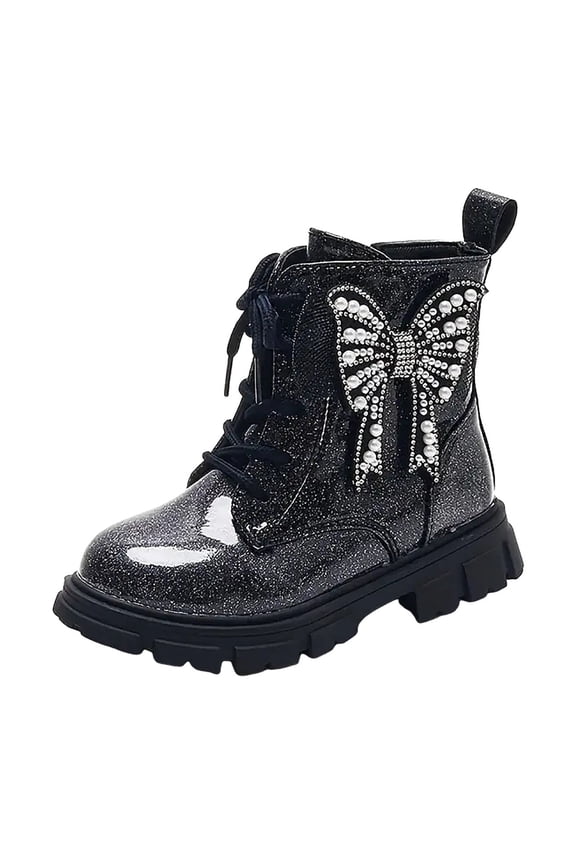 Girls Glittery Ankle Boots Kids Lace up Combat Boots with Side Zipper and Cute Bowknot