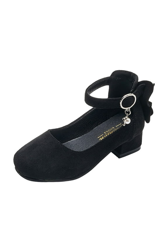 Girls Heels Dress Shoes Flower Girl Closed Toe Suede Ankle Strap Wedding Party School Pumps