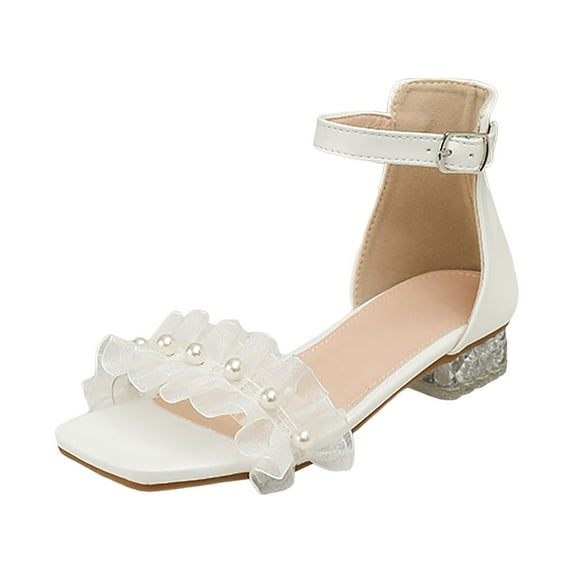 IUJSOY Girls Sandals Bow Low Heels Ankle Strap Pearl Open Toe Dress Shoes Flower Girl Wedding Shoes
