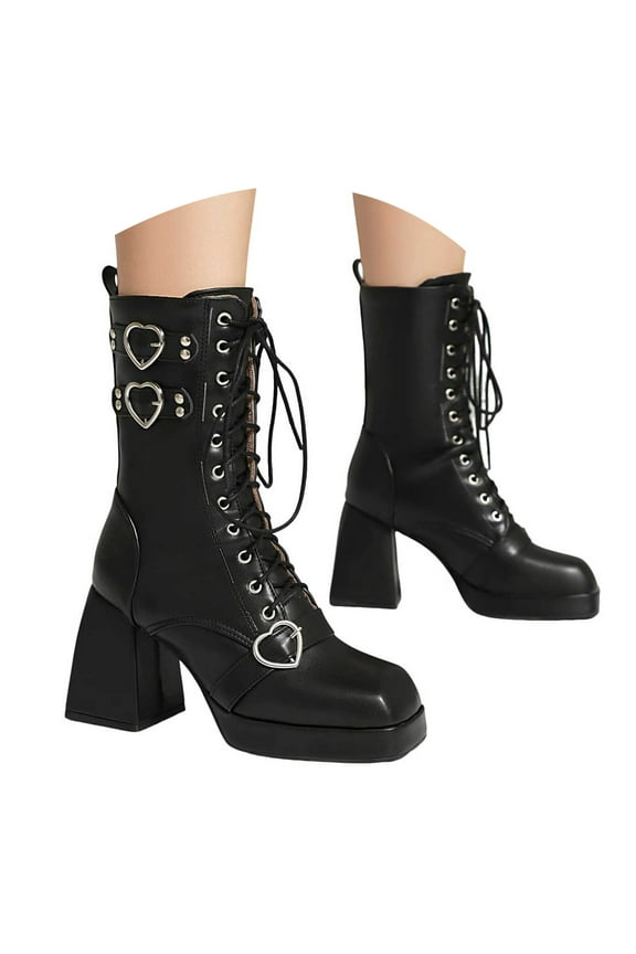 Gothic Boots for Women Lace up Mid Calf Boots Fashion Chunky Heel Square Toe Punk Booties