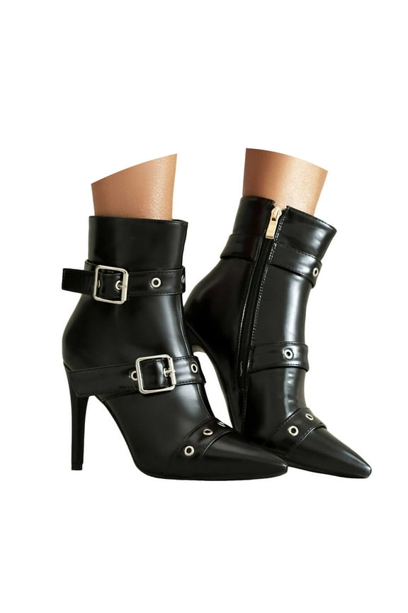 Gothic Boots for Women Trendy Buckles Strap Sexy Dressy Stiletto Heels Pointy Toe Pumps