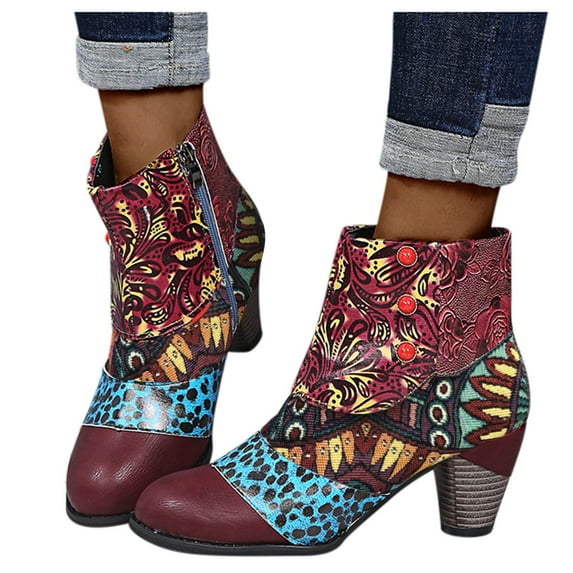 IUJSOY Heeled Ankle Boots for Women Retro Boho Low Heel Booties Pointed Toe Dressy Short Boots