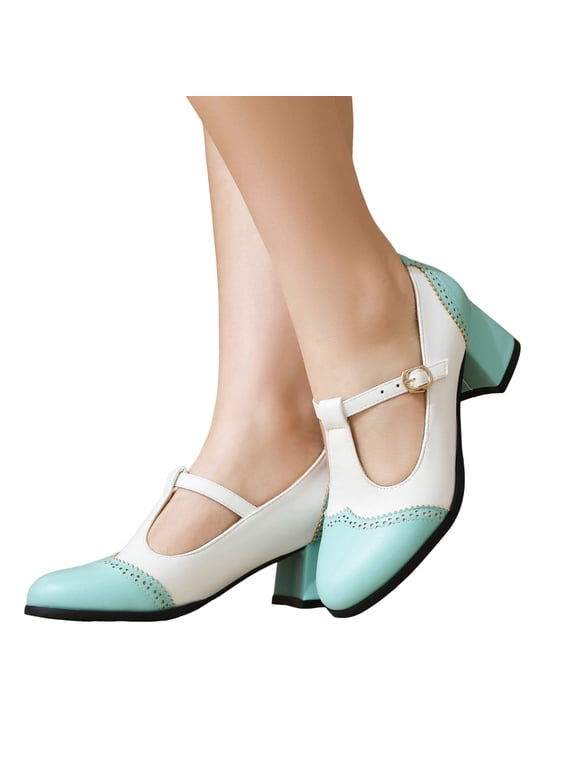 Mostsola Heels for Women Vintage Cap Toe T-Strap Dress Pumps Shoes Casual Block Heeled Oxford Shoes
