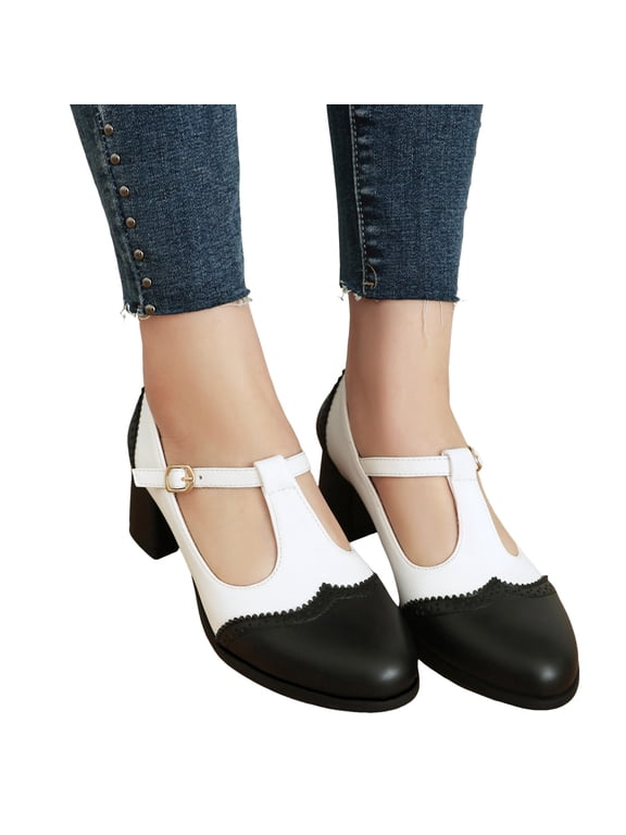Mostsola Heels for Women Vintage Cap Toe T-Strap Dress Pumps Shoes Casual Block Heeled Oxford Shoes