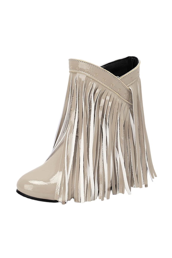 Hidden Wedge Boots for Women Fashion Tassel Ankle Boots Round Toe Pull on Cowboy Boots