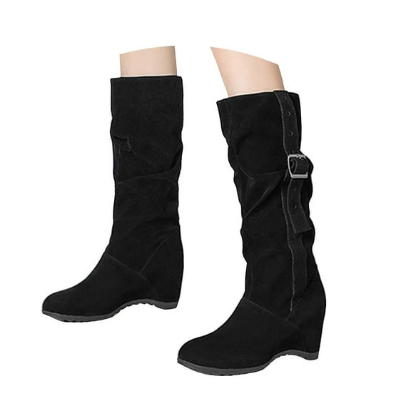 IUJSOY Hidden Wedge Western Boots for Women Wide Calf Knee High Boots Slouchy Suede Mid Calf Boots