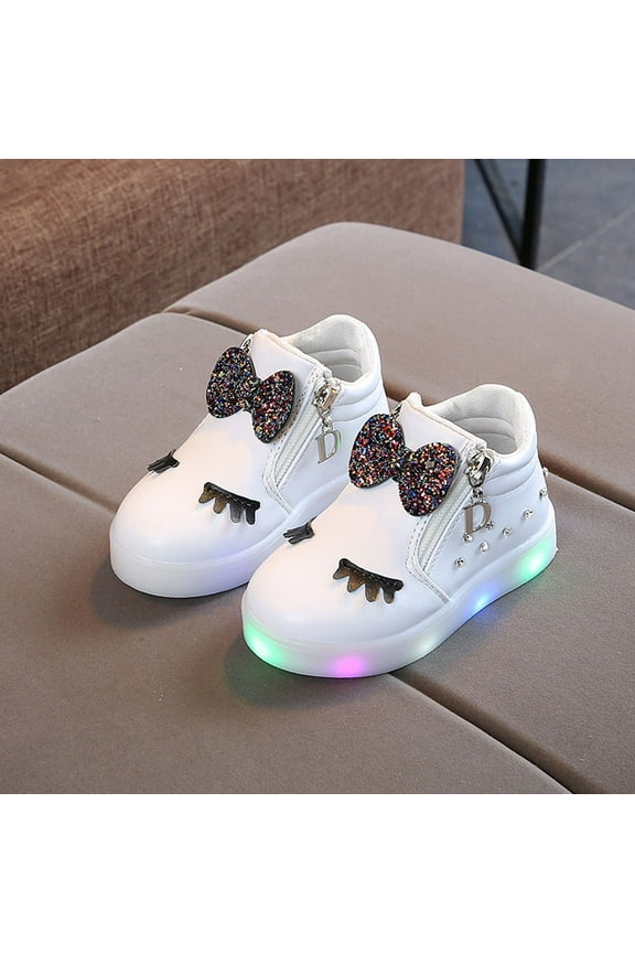Kids Baby Infant Girls Ankle Boots Sequin Bowknot LED Fashion Walking Shoes Zip up Flats