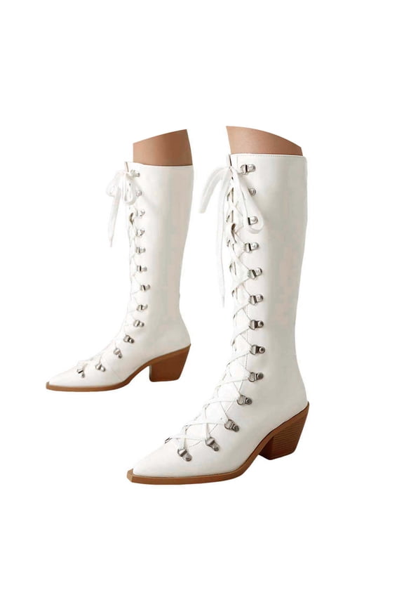 Knee High Boots Women Lace up Pointy Toe Chunky Heel Fauc Patent Leather Dress Booties