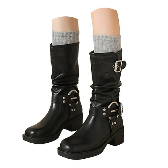 IUJSOY Knee High Boots Women Slouchy Fashion Buckles Chunky Heel Pull on Square Toe Motorcyle Boots