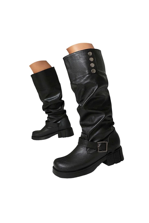 Knee High Boots Women Slouchy Low Chunky Heel Motorcycle Boots Pull on Round Toe Tall Boots