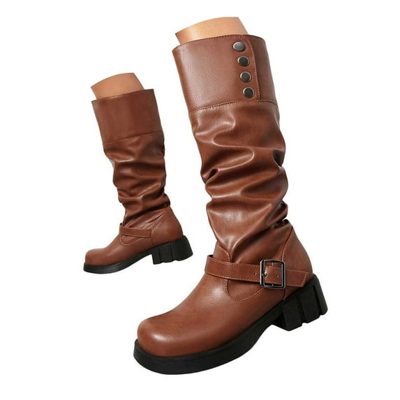 IUJSOY Knee High Boots Women Slouchy Low Chunky Heel Motorcycle Boots Pull on Round Toe Tall Boots