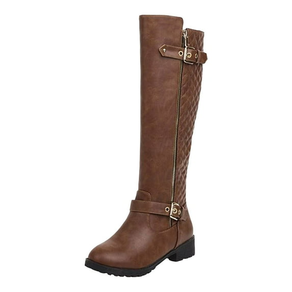 IUJSOY Knee High Riding Boots for Women Side Zipper Buckle Motorcycle Boot Heel Biker Boot