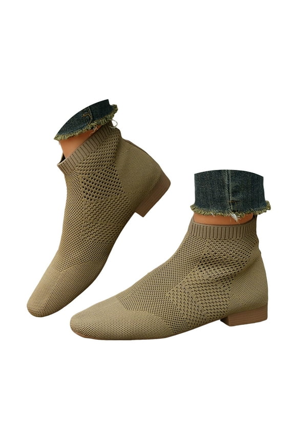 Knitted Ankle Boots for Women Elastic Mesh Low Heel Chelsea Dress Boot Slip on Sock Shoes