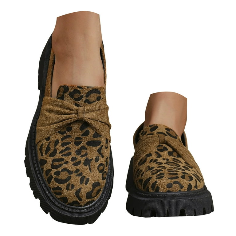 IUJSOY Loafers for Women Cute Bowknot Leopard Print Suede Slip on