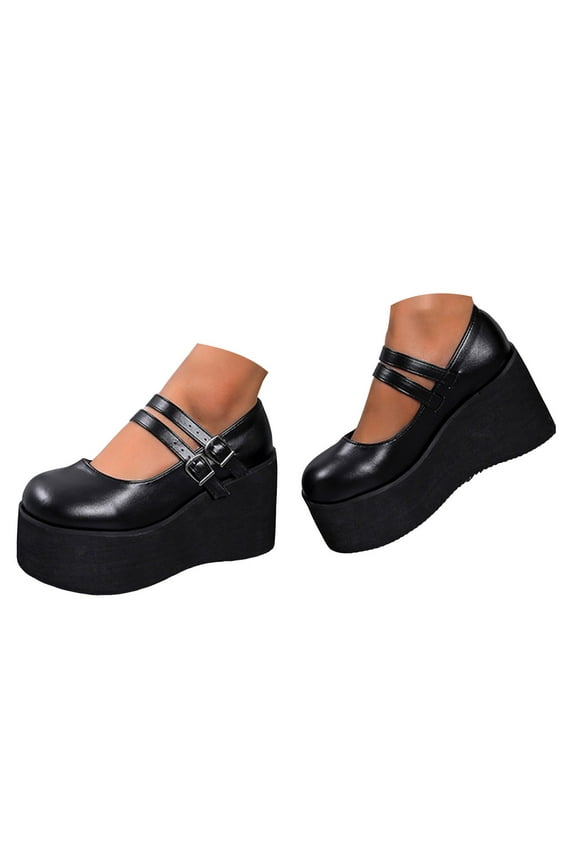 Mary Jane Shoes Women Black Wedges Heels Comfort Platform Pumps Double Strap Dress Shoes