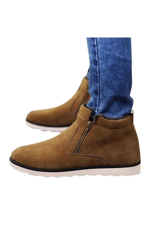 Men's Fashion Winter Snow Boot Flat Bottom Non Slip Waterproof Side Zipper Suede Warm Booties
