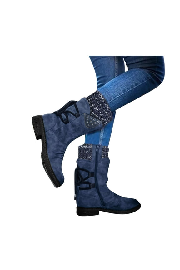 Mid Calf Snow Boots for Women Lace up Low Heel Winter Boots Side Zipper Short Booties