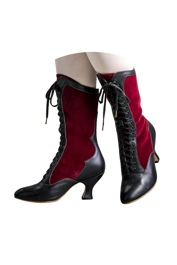 Mid Calf Victorian Boots for Women Lace up Wide Calf Vintage Boots Witch Boots