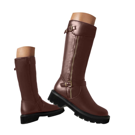IUJSOY Motorcycle Boots for Women Fashion Zipper Combat Riding Boots Chunky Heel Long Boots