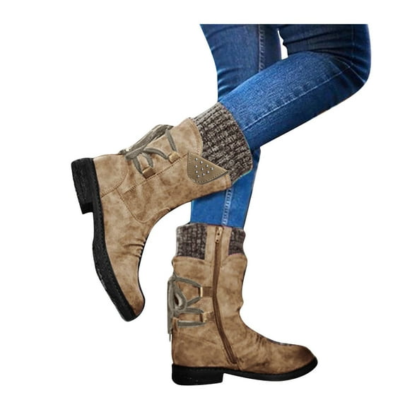IUJSOY Motorcycle Boots for Women Lace up Round Toe Vintage Low Heel Booties Mid Calf Boots