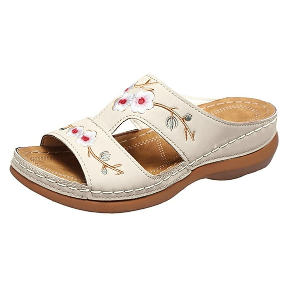IUJSOY Orthopedic Sandals for Women 2025 Dressy Shoes Flower Embroidery Wedge Slides Shoes