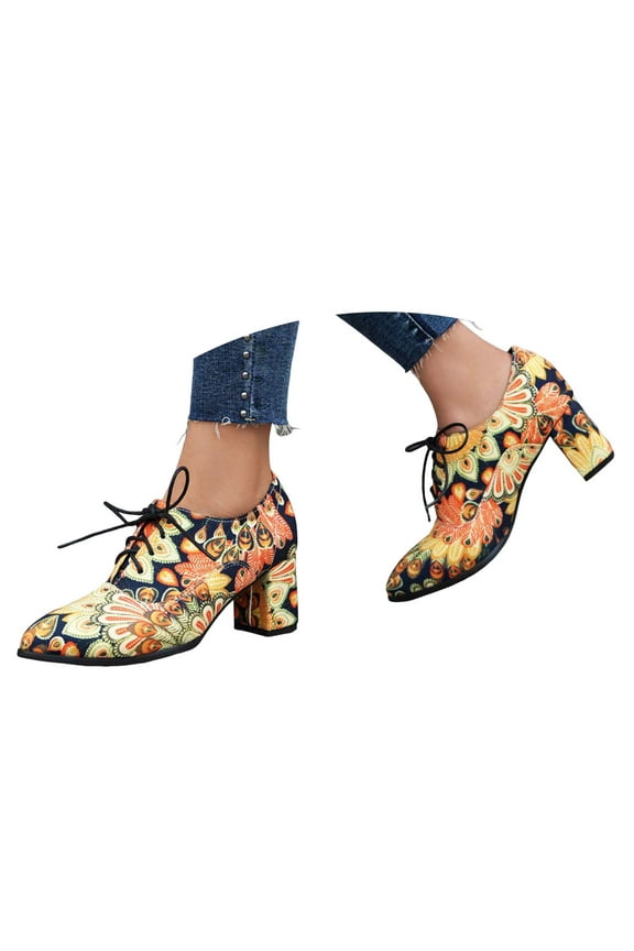 Oxford Shoes for Women Chunky High Heels Lace up Round Toe Print Saddle Pumps Shoes