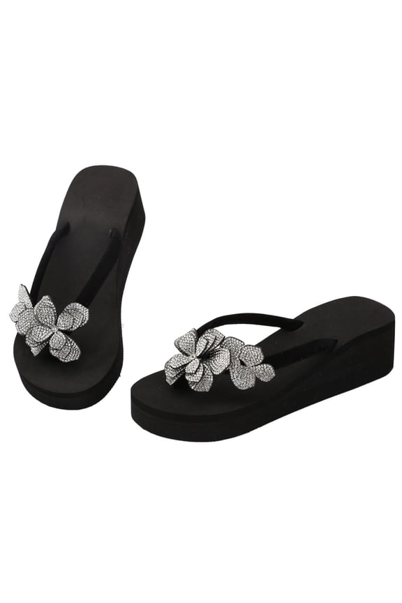 Platform Flip Flops for Women Floral Rhinestone Thong Sandals Slip on Soft Cushion Wedges