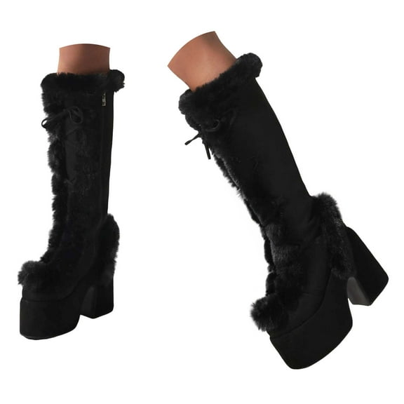 IUJSOY Platform Snow Boots for Women Cute Plush Suede Winter Boots Chunky Lace up Knee High Boots