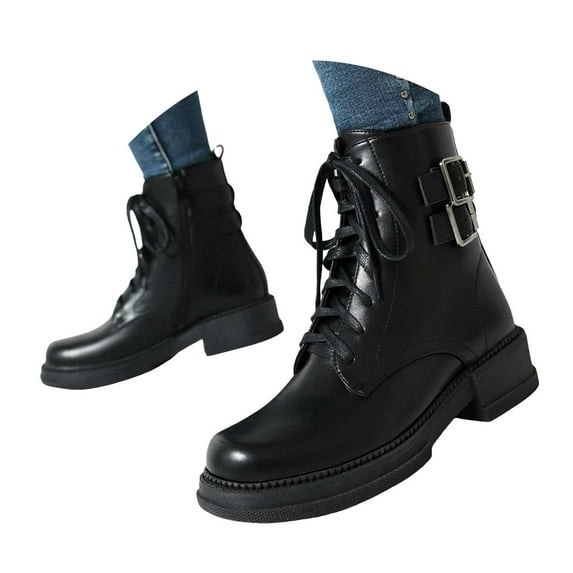IUJSOY Round Toe Motorcycle Boots for Women Vintage Riding Boots Fashion Buckle Strap Booties