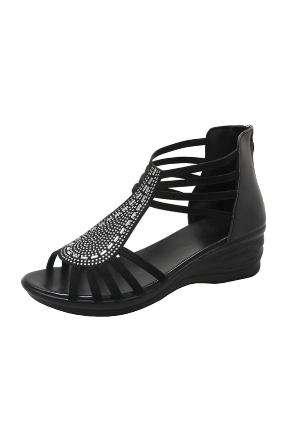 Sandals for Women 2025 Caged Wedge Sandals Rhinestone Peep Toe Zipper Gladiator Sandals