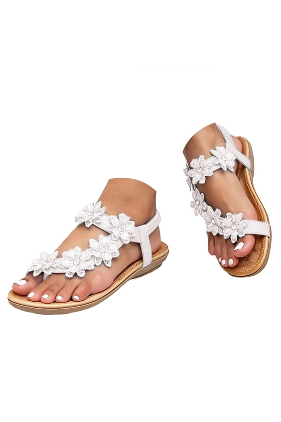 Sandals for Women 2025 Flip Flops Bohemian Flower Strappy Flats Elastic Slingback Beach Shoes