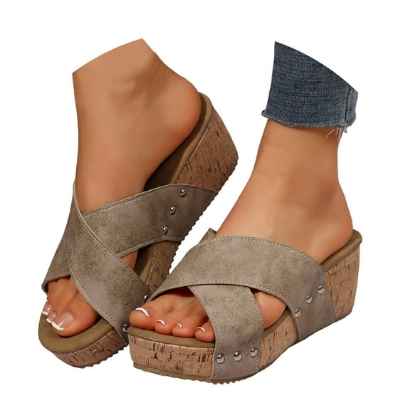 IUJSOY Sandals for Women 2025 Platform Wedge Sandals Criss Cross Strap Cork Dress Summer Slides