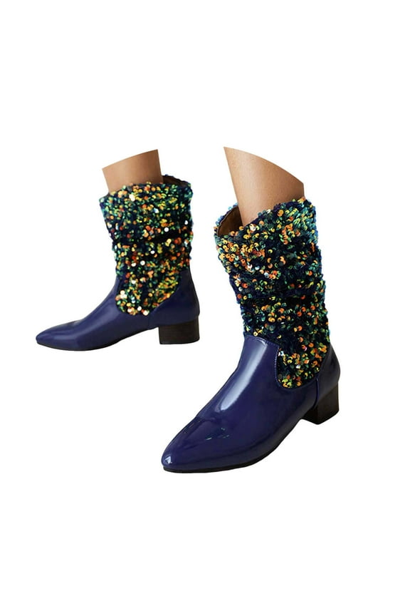 Sequin Boots for Women Sparkly Flats Shoes Pointed Toe Pull on Wide Mid Calf Booties