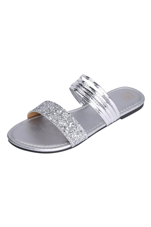 Sequin Glitter Flat Sandals for Women Fashion Dressy Metallic Sparkly Strappy Slip on Slides