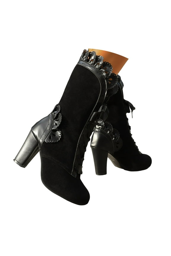 Sexy Lace Mid Calf Boots for Women High Block Heel 70s Dressy Lace up Suede Booties
