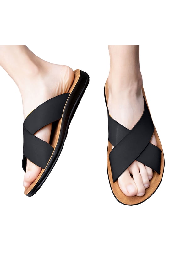 Slides for Men Cross Band Leather Casual Slip on Shoes Arch Support Open Toe Slippers