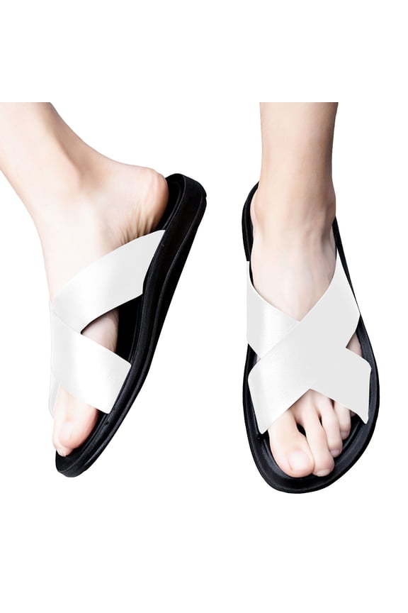 Slides for Men Cross Band Leather Casual Slip on Shoes Arch Support Open Toe Slippers
