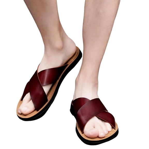 IUJSOY Slides for Men Cross Band Leather Casual Slip on Shoes Arch Support Open Toe Slippers